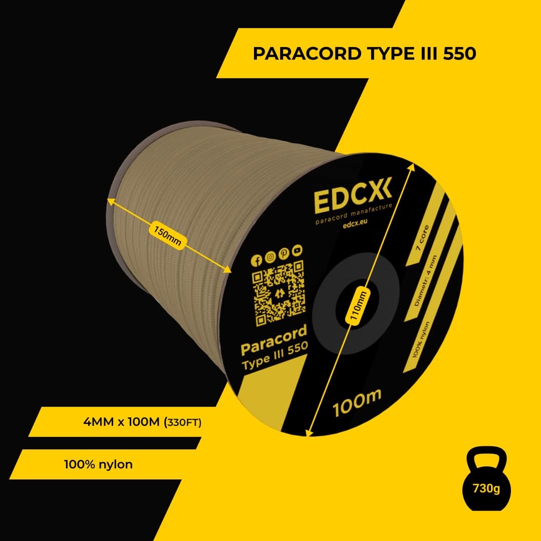 EdcX 4 mm Nylon Paracord 550 30 m (100 Fuß) – Typ III, 100% Nylonseil, 7-strängiges Seil, 4 mm Nylonseil in Volltonfarben (Black, 30 m) 318 - antaresshop.de