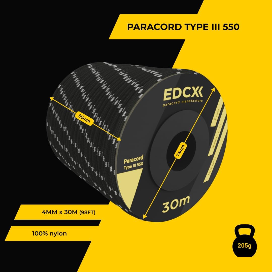 EdcX 4 mm Nylon Paracord 550 30 m (100 Fuß) – Typ III, 100% Nylonseil, 7-strängiges Seil, 4 mm Nylonseil in Volltonfarben (Black, 30 m) 385 - antaresshop.de
