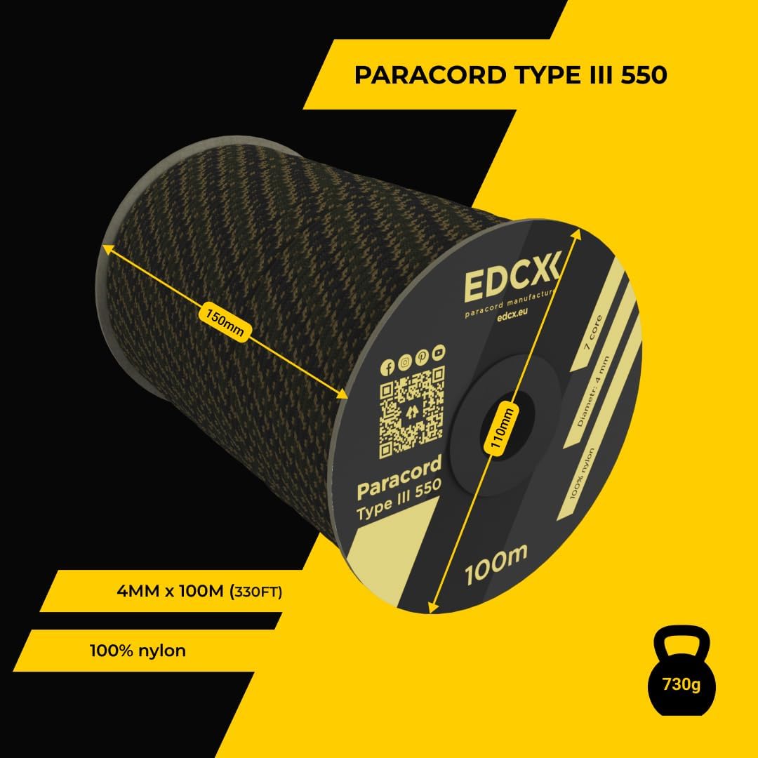 EdcX 4 mm Nylon Paracord 550 30 m (100 Fuß) – Typ III, 100% Nylonseil, 7-strängiges Seil, 4 mm Nylonseil in Volltonfarben (Black, 30 m) 126 - antaresshop.de