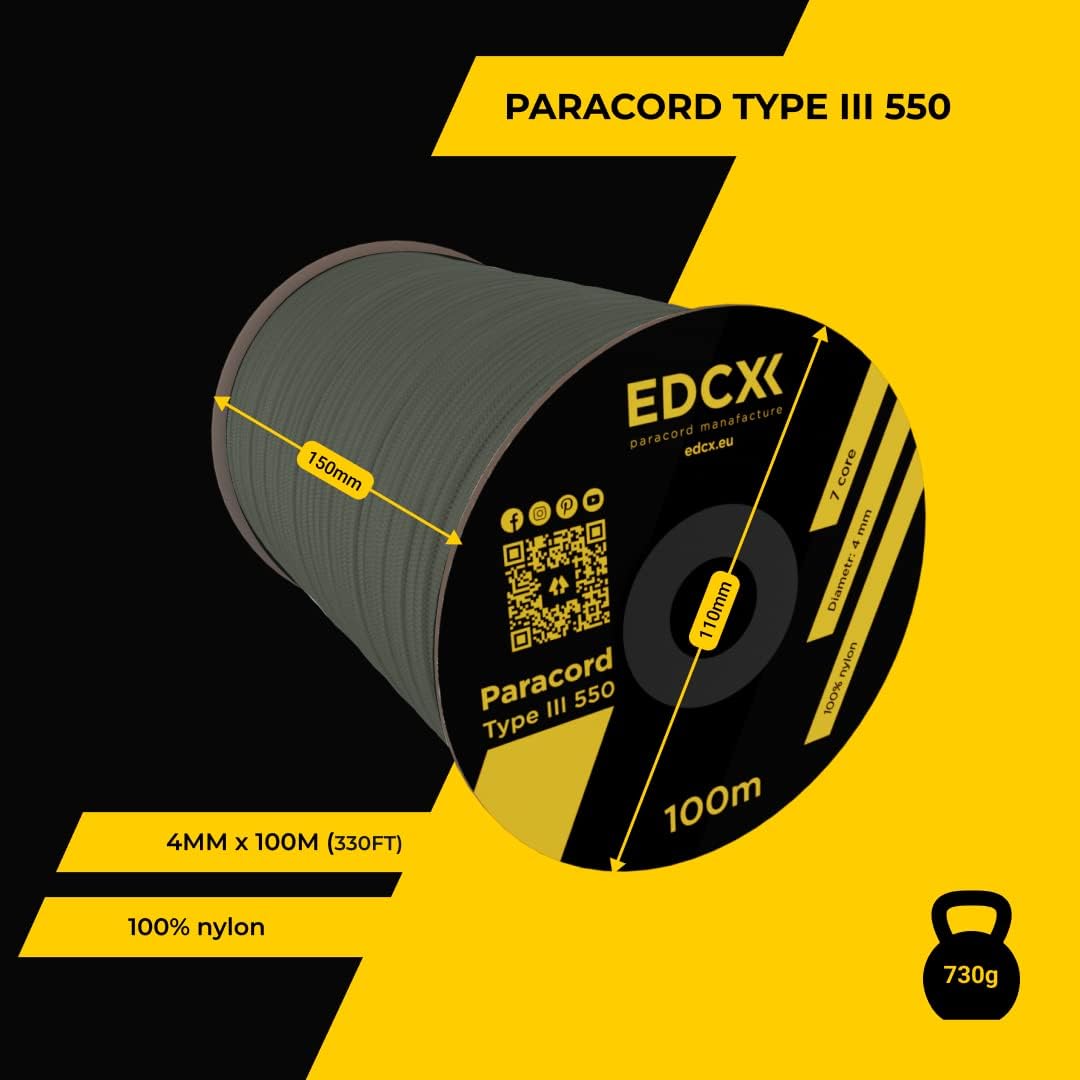 EdcX 4 mm Nylon Paracord 550 30 m (100 Fuß) – Typ III, 100% Nylonseil, 7-strängiges Seil, 4 mm Nylonseil in Volltonfarben (Black, 30 m) 216 61LJmI5MimL. AC SL1080 - antaresshop.de