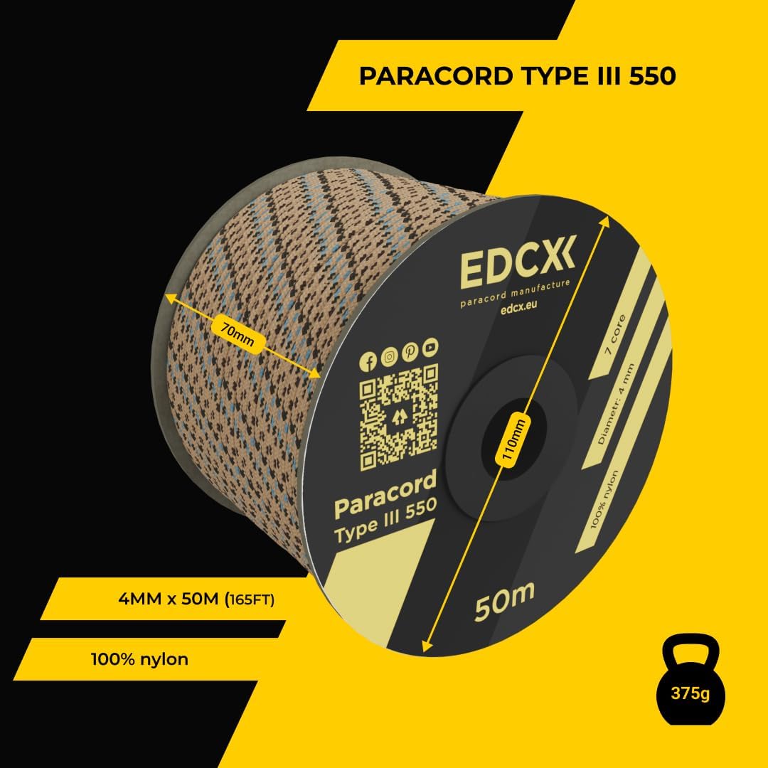 EdcX 4 mm Nylon Paracord 550 30 m (100 Fuß) – Typ III, 100% Nylonseil, 7-strängiges Seil, 4 mm Nylonseil in Volltonfarben (Black, 30 m) 255 61LROZFhb6L. AC SL1080 - antaresshop.de