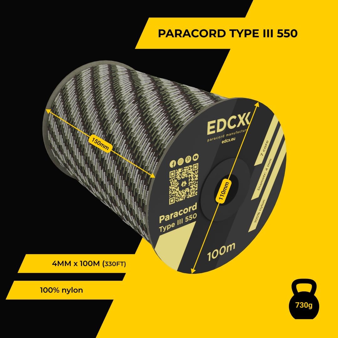 EdcX 4 mm Nylon Paracord 550 30 m (100 Fuß) – Typ III, 100% Nylonseil, 7-strängiges Seil, 4 mm Nylonseil in Volltonfarben (Black, 30 m) 143 61TMNAnFmwL. AC SL1080 - antaresshop.de