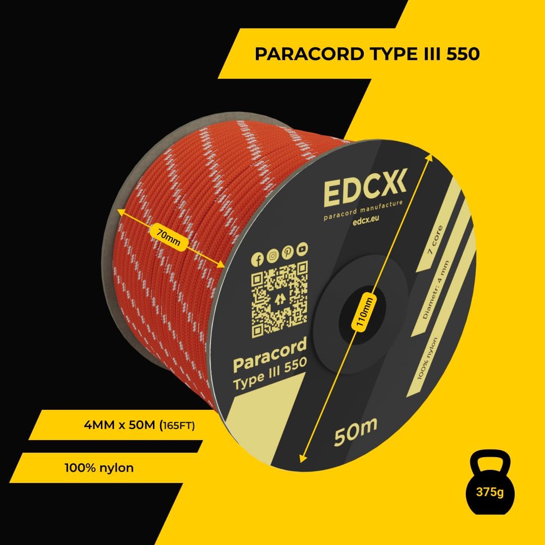 EdcX 4 mm Nylon Paracord 550 30 m (100 Fuß) – Typ III, 100% Nylonseil, 7-strängiges Seil, 4 mm Nylonseil in Volltonfarben (Black, 30 m) 425 - antaresshop.de