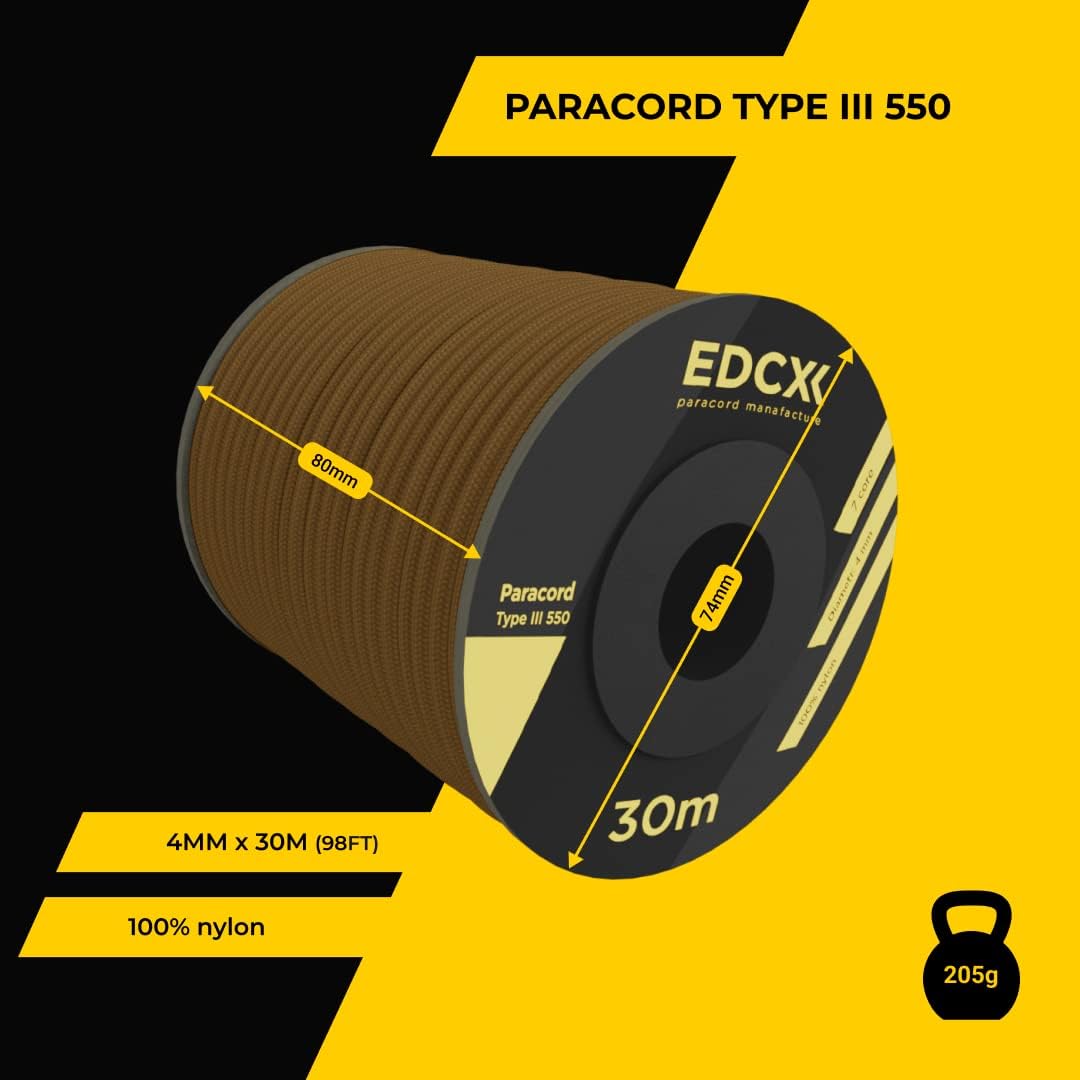 EdcX 4 mm Nylon Paracord 550 30 m (100 Fuß) – Typ III, 100% Nylonseil, 7-strängiges Seil, 4 mm Nylonseil in Volltonfarben (Black, 30 m) 277 61nrvcbot+L. AC SL1080 - antaresshop.de